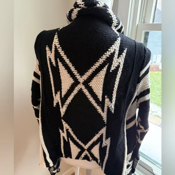 Black and White Striped Women's Wrap Cardigan Sweater - Picture 3 of 6
